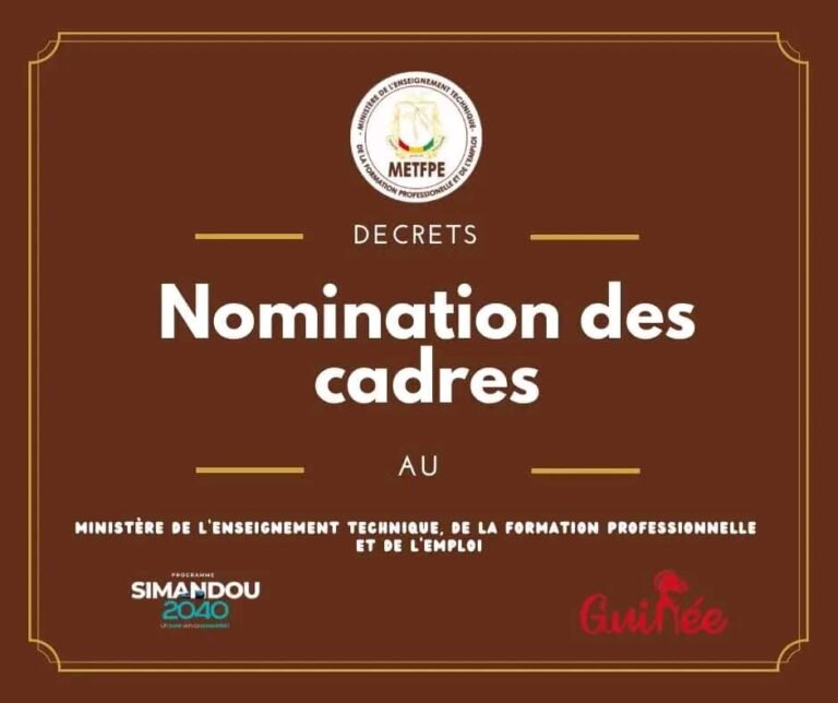 Guinée : Des hauts cadres nommés au ministère de l’enseignement technique et de la formation professionnelle. 